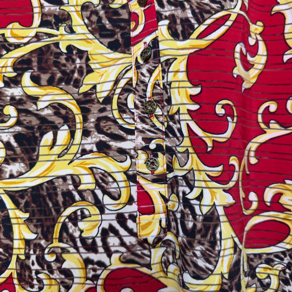 Cathy Women Equestrian Tunic Top M Red Baroque Leopard Print Henley Artsy‎ - Picture 3 of 10